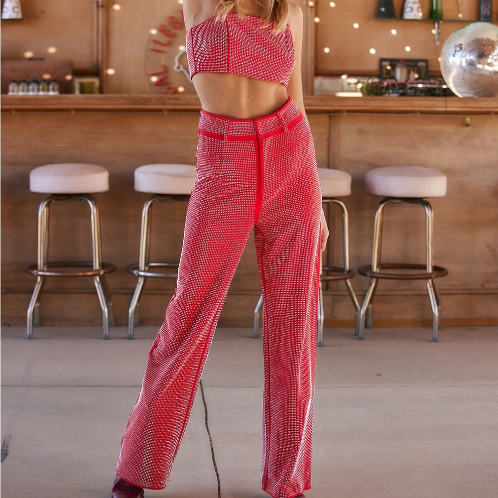 Red Rhinestone Pants, Belt and Crop Top Set